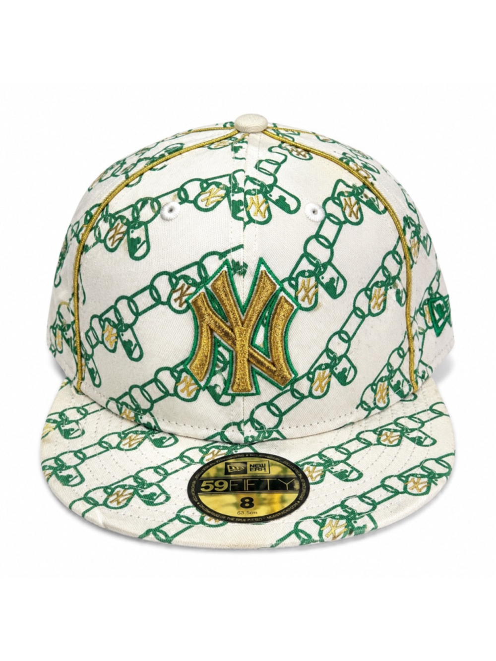 New Era 59FIFTY New York Yankees Chain Print Fitted Hat Size 8 Green Gold MLB - Picture 2 of 9